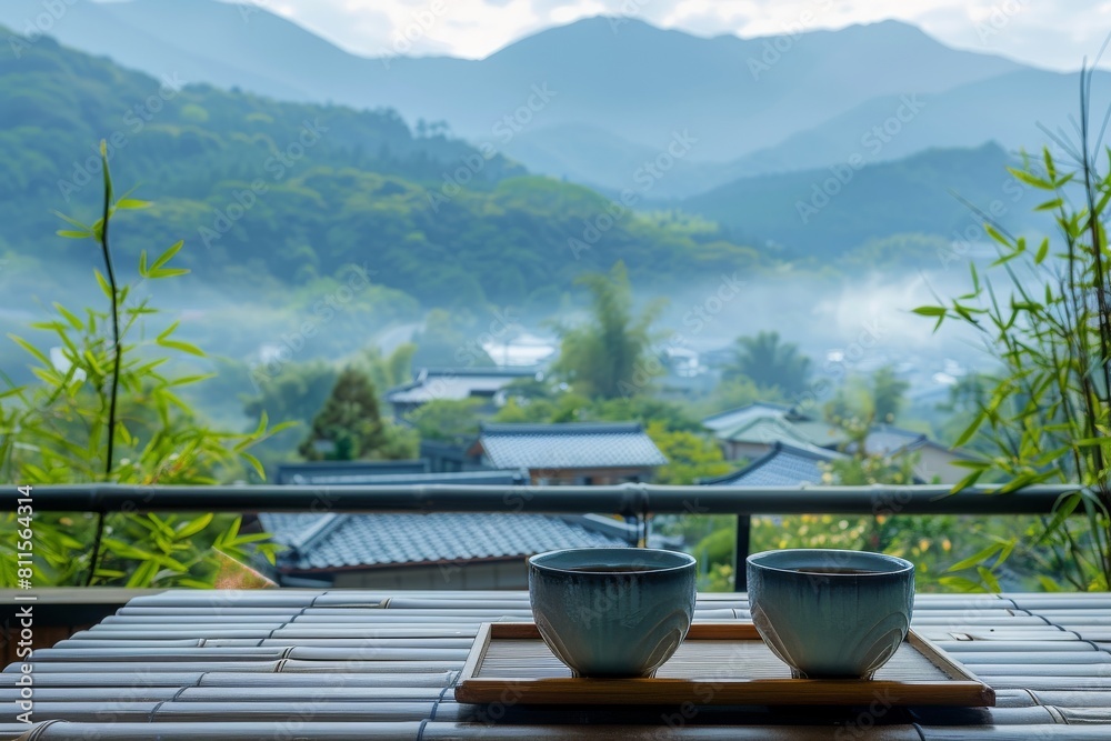 Japanese traditional tea on a tray against the backdrop of Japanese houses and bamboo. Concept of inner peace and balance, beautiful high-quality photo. Japanese traditional tea on a tray against the backdrop of Japanese houses and bamboo. Concept of inner peace and balance, beautiful high-quality photo.