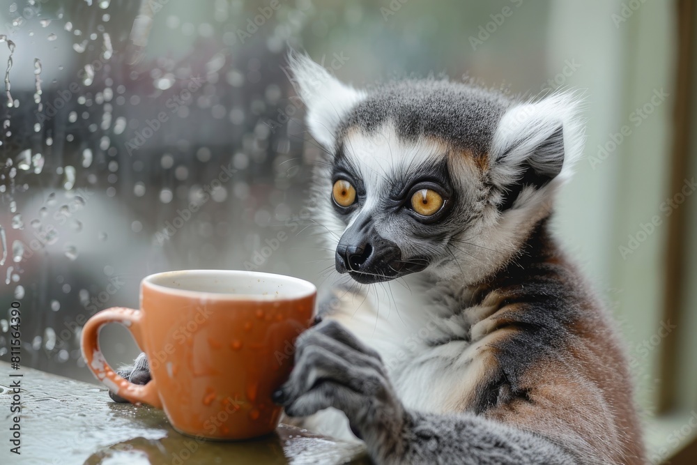 A beautiful lemur sits and drinks a cup of coffee in glamour.
