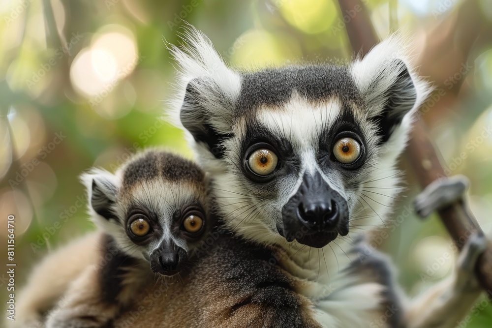A mother lemur with her little baby lemur in the jungle. A mother lemur with her little baby lemur in the jungle.