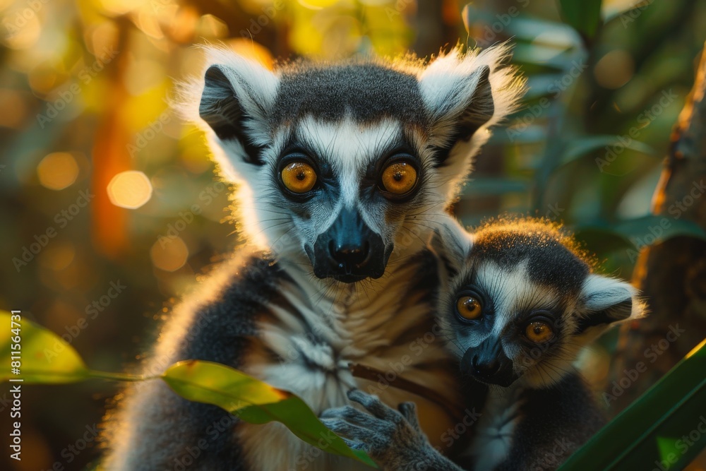 A mother lemur with her little baby lemur in the jungle. A mother lemur with her little baby lemur in the jungle.