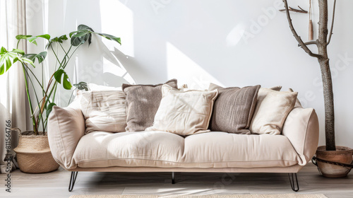 Minimalist interiors design with a sofa, natural elements decor and copyspace for text