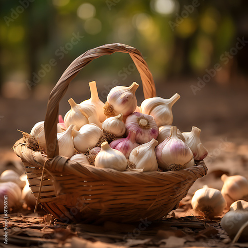 Garlic in a basket on wooden table with blurred nature background. photo