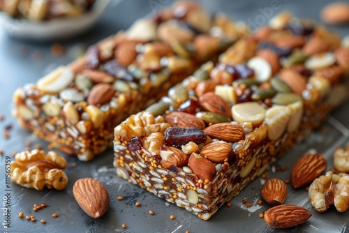 Gluten-free nut bars without sugar. Useful protein snack for healthy eating and sports