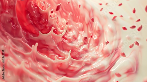 Abstract slow motion scene of watermelon seeds swirling in milk  centered in frame with significant negative space for text