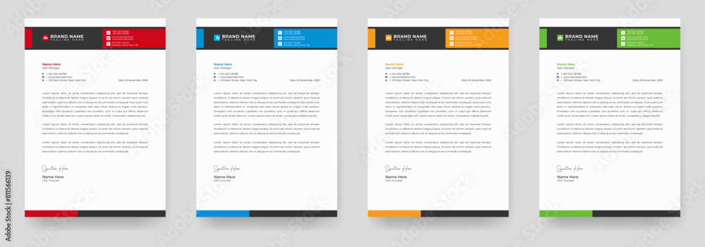 Business Letterhead template with various colors, creative modern letter head design template for your project. letterhead, letter head, Business letterhead design.