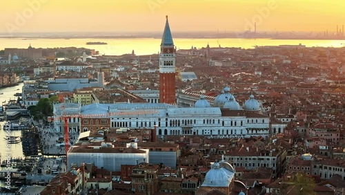 Aerial view of St. Mark's Square in Venice City, Italy, at sunset