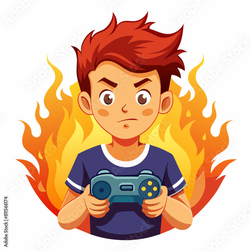 boy with game controller realistic image, retro style, dark background with flames, 
copy space