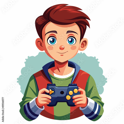 boy with game controller realistic image, retro style, dark background, 
copy space