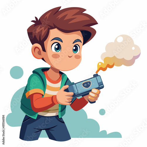 boy with game controller realistic image, retro style, dark background with flames, 
copy space photo