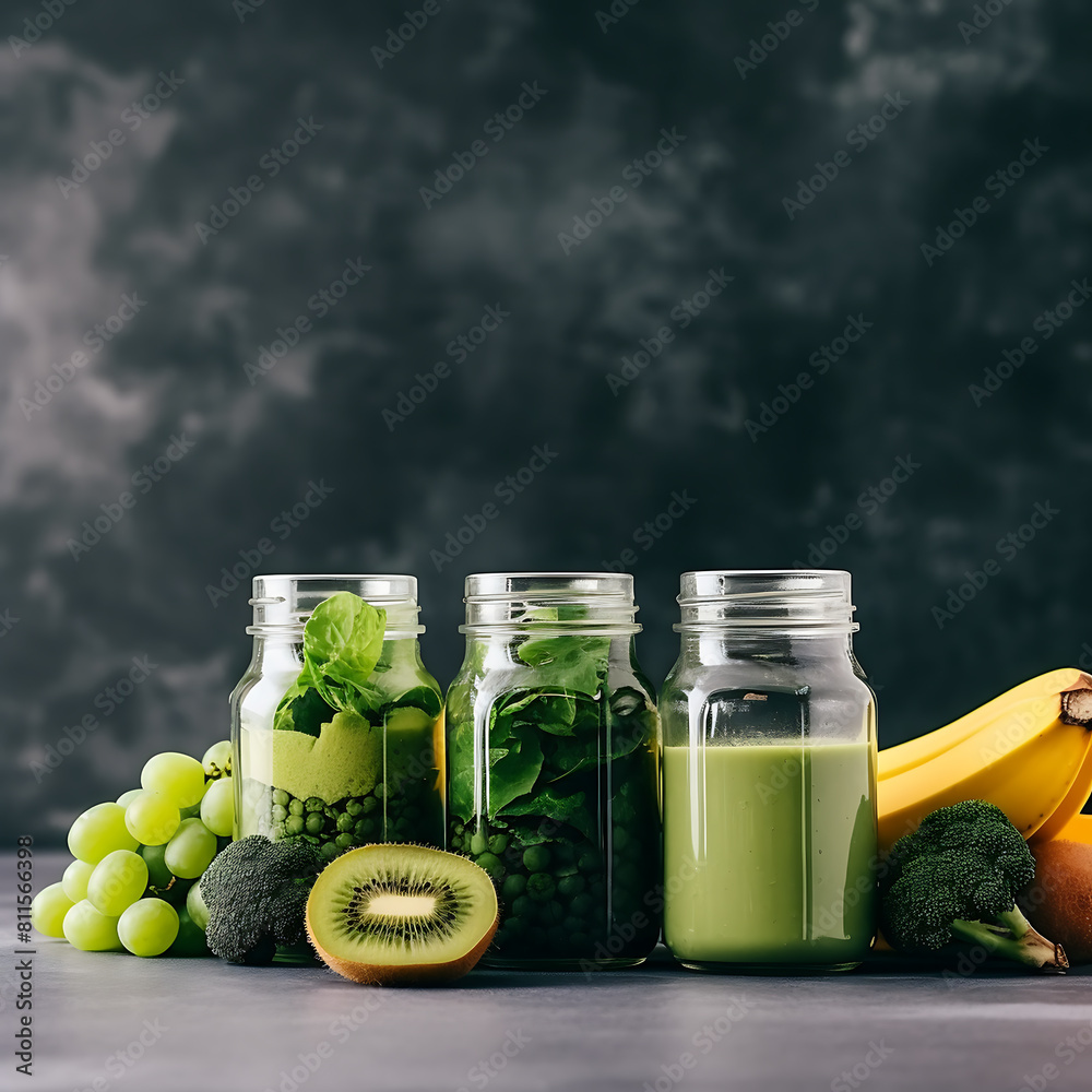 Green smoothies in glass jars with ingredients on white marble table, Green smoothies in glass jars with ingredients on white marble table,