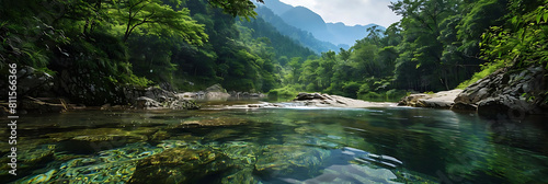 mountain spring serenity captured in a serene river surrounded by lush green trees under a cloudy blue sky photo