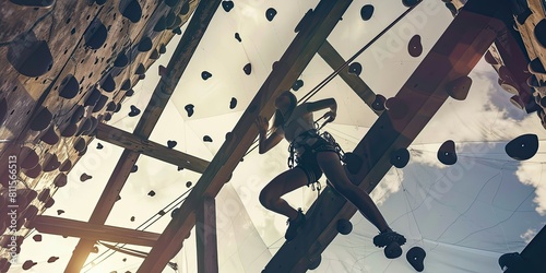 An image of a person overcoming obstacles on an outdoor obstacle course, climbing walls, crawling through tunnels, and balancing on beams, symbolizing resilience, determination
