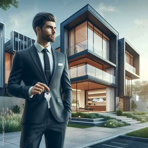 Real Estate Agent holding key modern house apartment in background. Modern House for sale rant mortgage agreement contract sign. Buy and sell modern apartment building. photo
