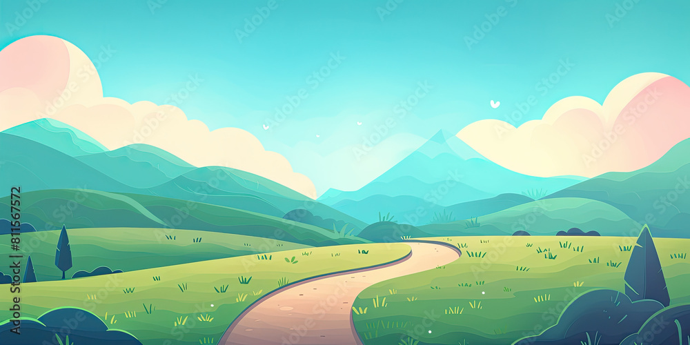 Cartoon style winding path, leading line pathway through beautiful landscape illustration vibrant, children's minimal scene, generated ai