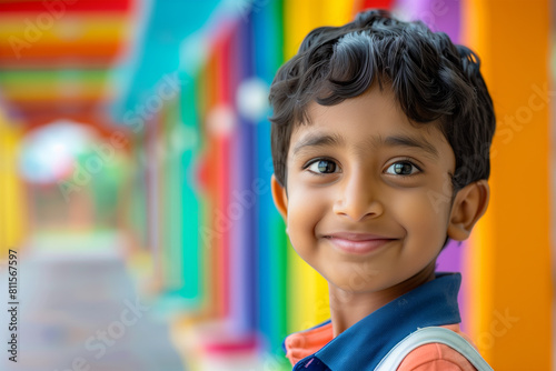 Portrait happy Indian school kid in classroom