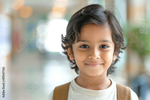 Portrait happy Indian school kid in classroom