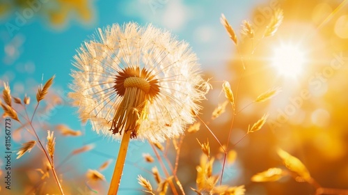 Big dandelion in a forest against the blue sky at sunset. Abstract nature background