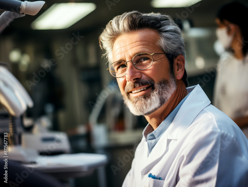 Handsome male scientist with warm smile in a laboratory setting with team in the background. Generative AI