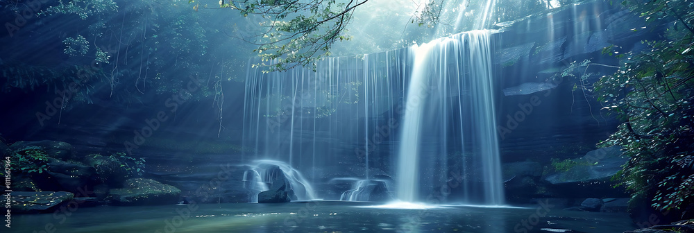person > waterfall in the forest