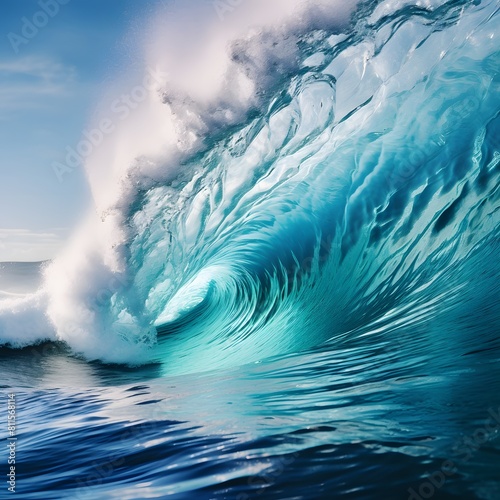 A huge wave in the ocean with light blue and turquoise colors. Generative AI.
