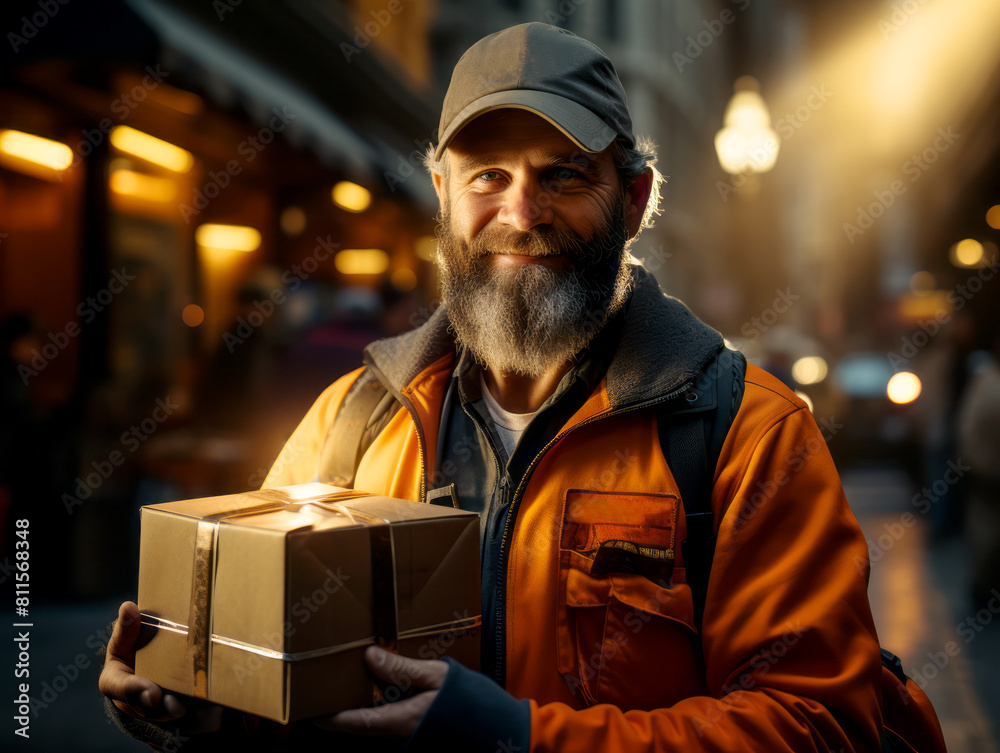 A busy street with glowing lights sets the scene as a man in work attire holds out a package. Generative AI A busy street with glowing lights sets the scene as a man in work attire holds out a package. Generative AI