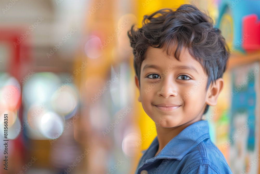 Portrait happy Indian school kid in classroom Portrait happy Indian school kid in classroom