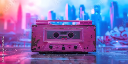 Vintage pink boombox with cassette player against colorful city skyline background. Concept Vintage Technology, Retro Aesthetics, Urban Landscape, Music Nostalgia, Colorful Cityscapes