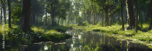 subtle water reflections in forest glade with tall green trees and a white flower