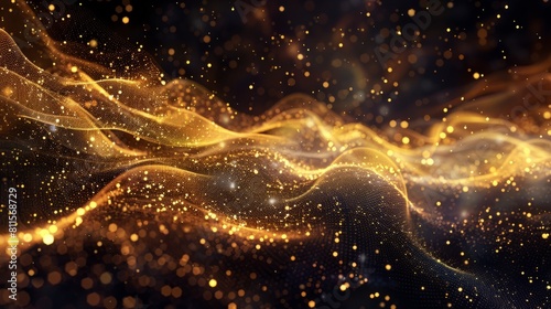 Ethereal gold dust waves  digital particles create a stellar landscape  glowing abstract background  stars shimmer in orchestrated light  AI Generative hyper realistic 
