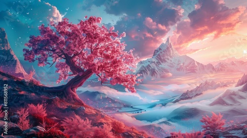 fantastic landscape with a fantasy tree of desires in pink-blue colors hyper realistic 