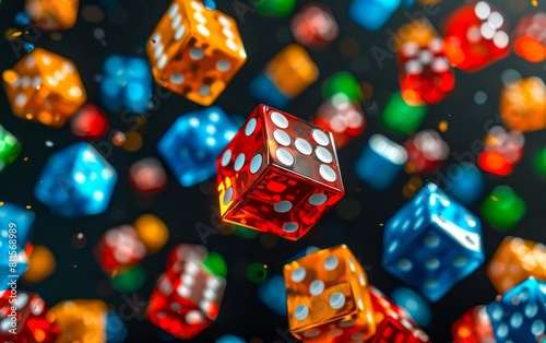 A colorful and vibrant background of various dice floating in the air, with some falling and others spinning