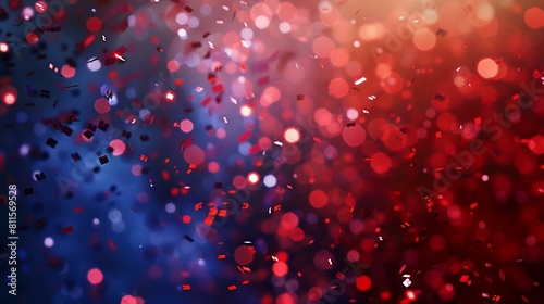 Abstract bokeh background with red and blue glittering confetti photo