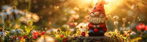 A gnome in a ladybugthemed outfit sitting on a wooden stump