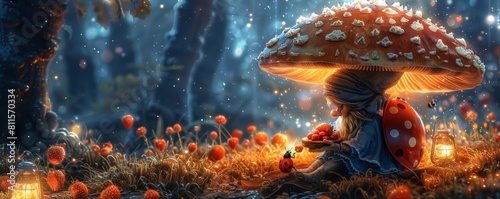 A gnome dressed in a charming ladybug outfit sitting under a large mushroom photo
