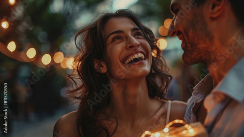 Portrait of a young couple in love outdoors in the city, A young beautiful couple celebrates outdoors-a happy Caucasian woman receives a gift from a beloved man, celebration of love