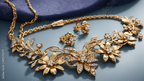 A gold necklace and earring set with flower-shaped pieces and small diamonds covering the surface.  