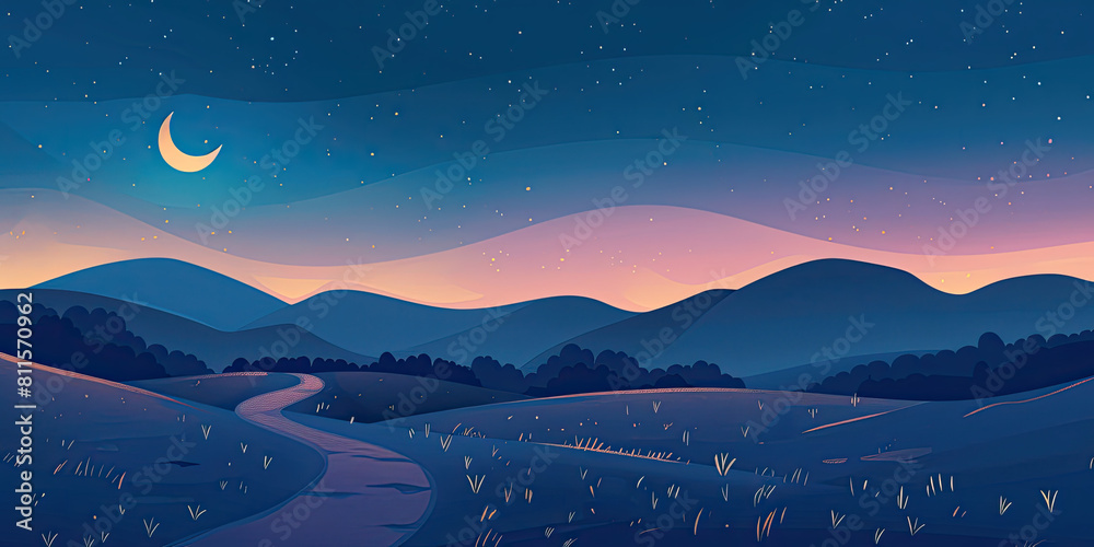 Fototapeta premium Night time landscape, cartoon style illustration of night scene winding path, leading line pathway, digital art, generated ai