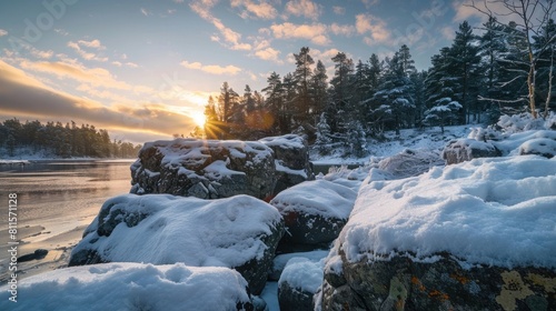 Rocks covered by snow in winter at dawn  aesthetic look