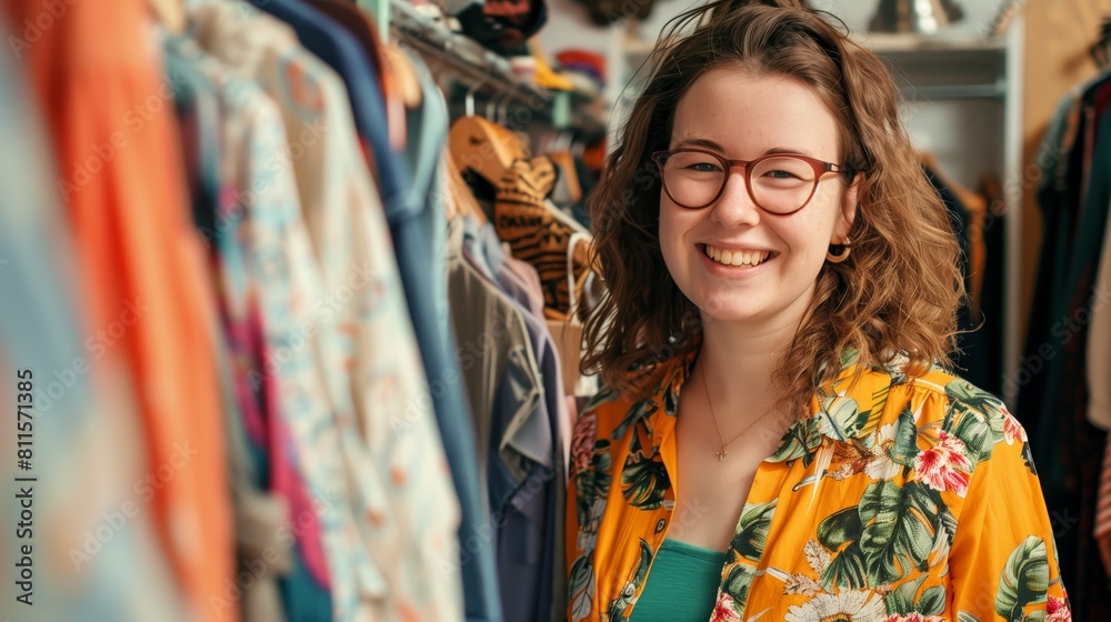 A young woman smiles while looking at clothes in a second-hand shop. A young woman smiles while looking at clothes in a second-hand shop.