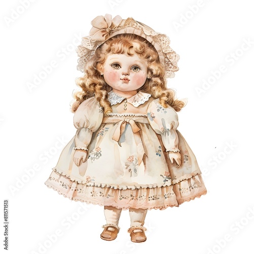 Enchanting Vintage Porcelain Doll in Lace Dress Against Pristine White Background