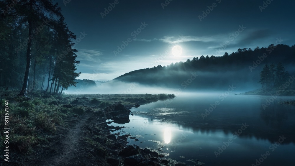 The full moon rises over a misty lake, casting a silvery glow on the water. The dark trees on the shore are reflected in the water, creating a beautiful and serene scene.