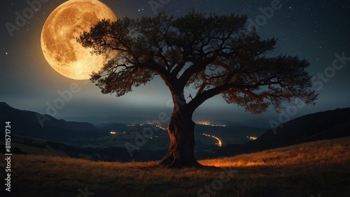 The full moon rises over a lonely tree on a hill.