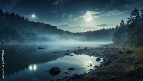 The full moon rises over a still lake, casting a shimmering path of light across the water