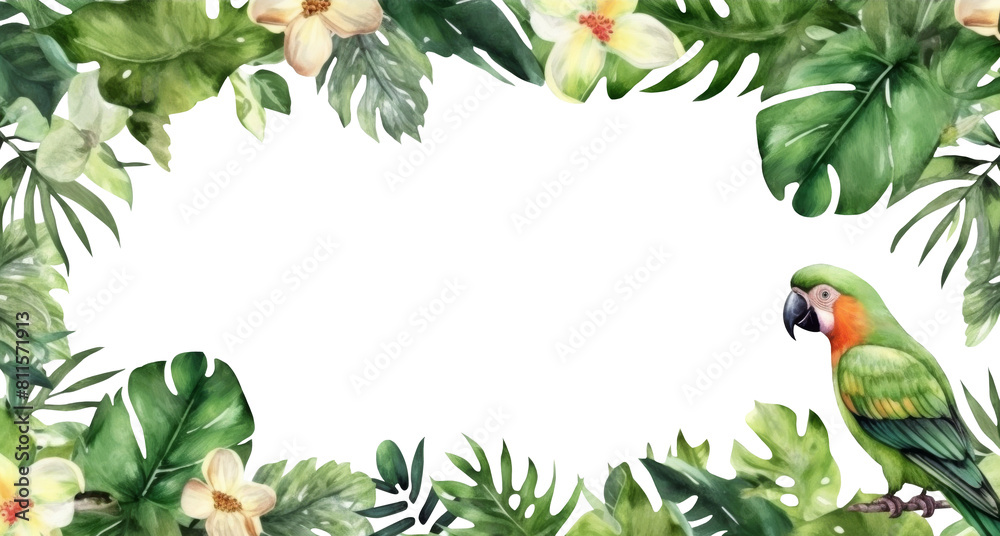 Naklejka premium Tropical green leaves with parrot bird for decoration art frame,wallpaper,card and banner on transparent background.