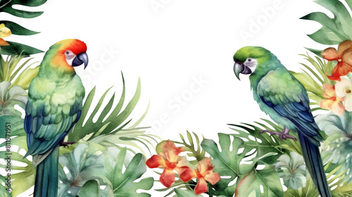 Tropical green leaves with parrot bird for decoration art frame,wallpaper,card and banner on transparent background. © Areerat