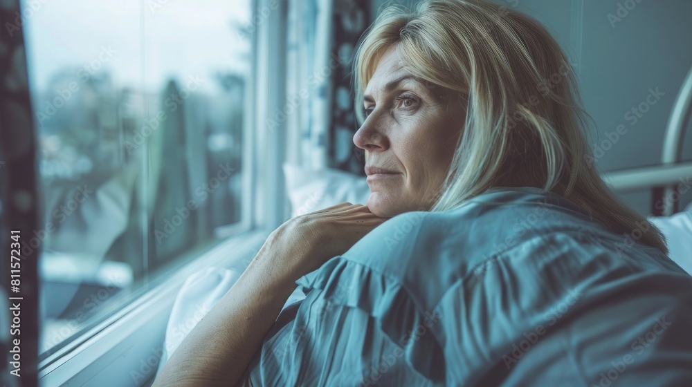 Sad woman suffering from cancer looking through the hospital window