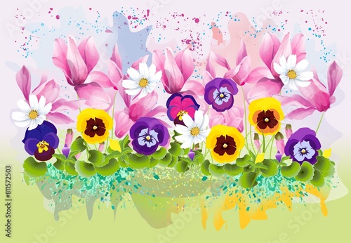 composition with pansies and pink flowers as harbingers of spring © klatki