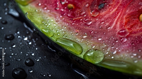 Close-Up of Fresh Watermelon Slice with Water Drops on Black Surface - Vibrant Summer Fruit Photography