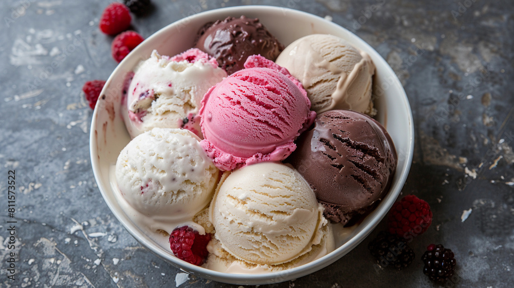 Bowl of various colorful ice cream and berries isolated on dark textured background. top view. Flat lay composition with delicious ice cream scoops in a bowl. close up. Bowl of various colorful ice cream and berries isolated on dark textured background. top view. Flat lay composition with delicious ice cream scoops in a bowl. close up.