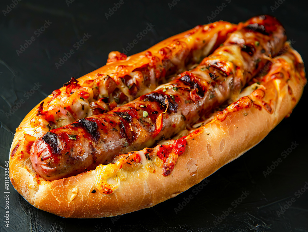 A hot dog with cheese and peppers on a bun. A hot dog with cheese and peppers on a bun.